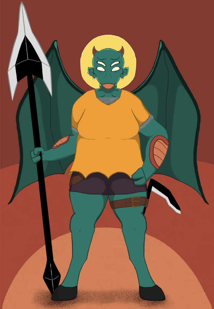 a drawing of an alien. the alien has dark blue-green skin, 4 eyes, many piercings, red horns, draconic wings, hoofed feet, and only 3 fingers including an opposable thumb. There is a halo behind their head, they're wearing chainmail and a yellow shirt with dark purple short shorts and holding a large polearm with a large pointed blade on the end.