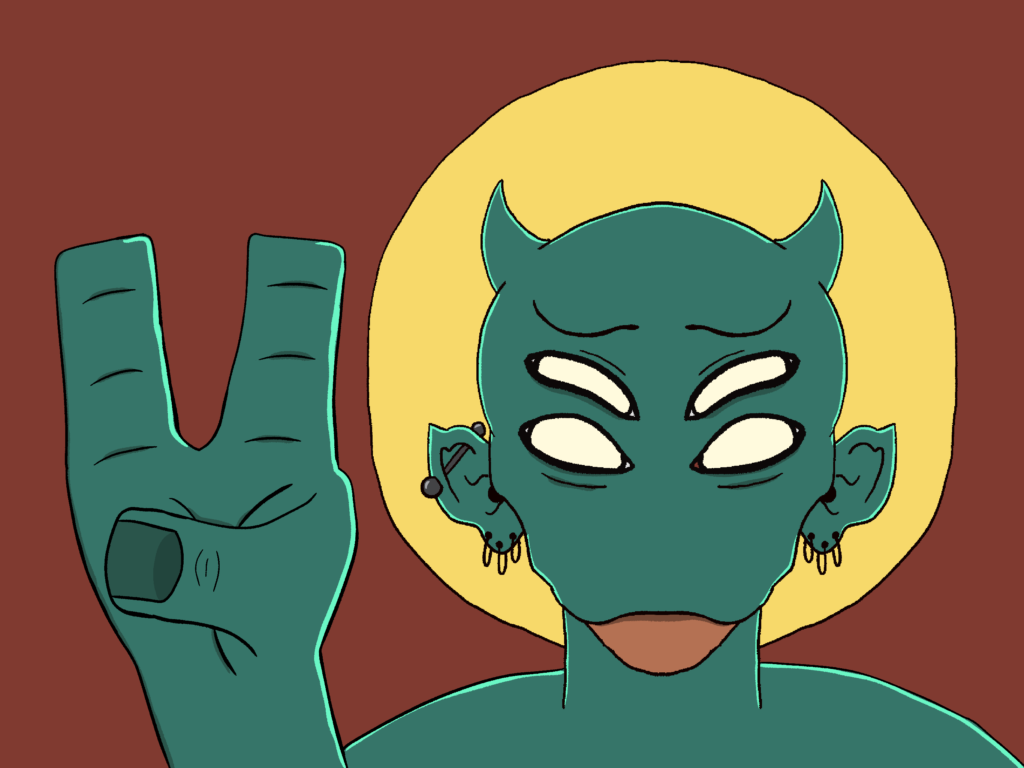 drawing of a green alien from neck up with 4 eyes, horns, and a halo radiating behind their head, they have multiple gold earrings in each ear