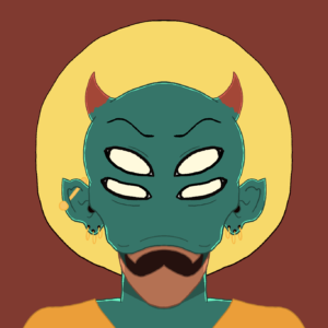 drawing of a green alien from neck up with 4 eyes, red horns, a halo radiating behind their head. mouth is open showing a beak-like structure. they have multiple gold earrings in each ear and the face they are making is approximate to a smile