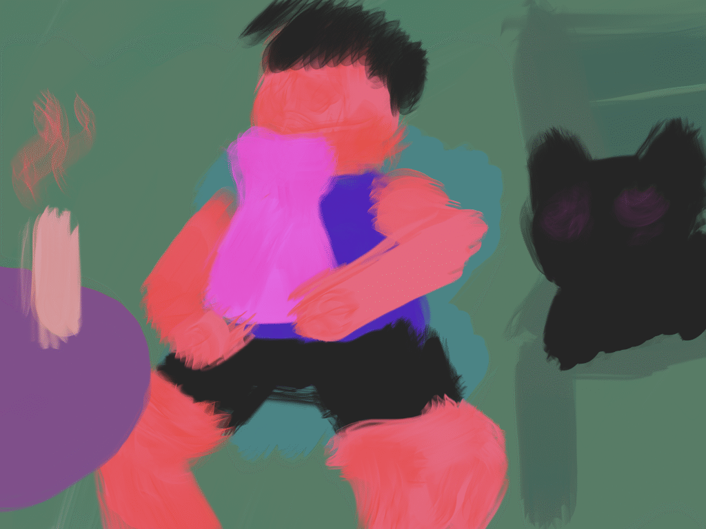 A very shape-y painting using reds, purples, greens, and black to portray a scene of someone sitting down at a table next to a cat