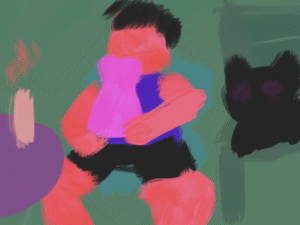 A very shape-y painting using reds, purples, greens, and black to portray a scene of someone sitting down at a table next to a cat