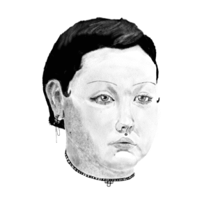 A black and white charcoal drawing of a someone with short black hair wearing several pieces of jewelry